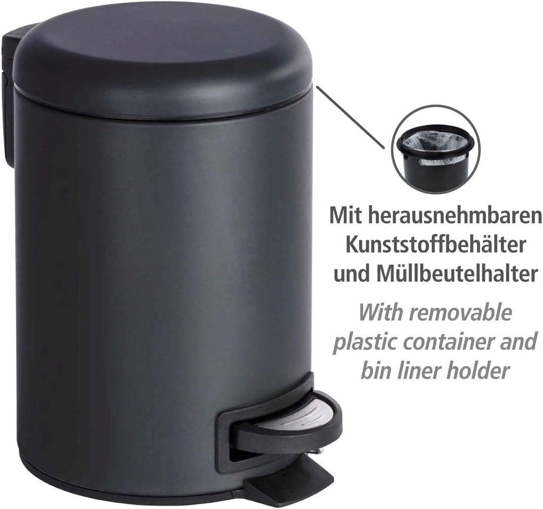 WENKO 22143100 Pedal bin Leman Black Capacity: 3 l, Steel, 17 x 25 x 22.5 cm, Black, 22.5 x 17 x 25 cm - Image 3