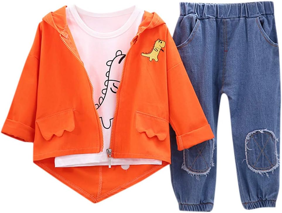 Moneycom❤ Baby Boy Cartoon Dinosaur Hooded Coat + T-Shirt + Jeans Trousers Outfit Blue, Green, Orange
