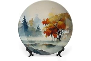 GOKAYS Fall Decorative Plates for Wall Hanging, Fall Season Forest & Maples Watercolor Painting Ceramic Plate, Wobble-Plate with Display Stand, Home Decor for Kitchen Cabinets, Farmhouse Round Tray 8 Inch