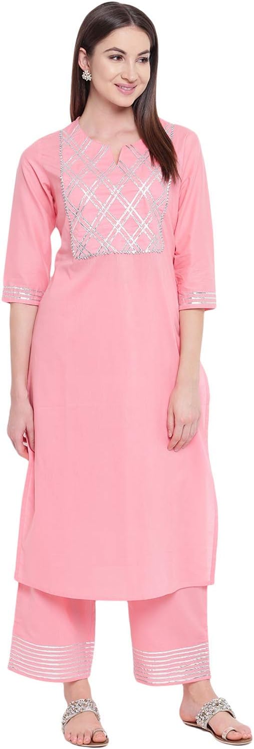 Cotton 3/4 Sleeve Solid Gota Patti Worked Kurti and Plazzo Set Women, Kurta With Pant, Light Pink
