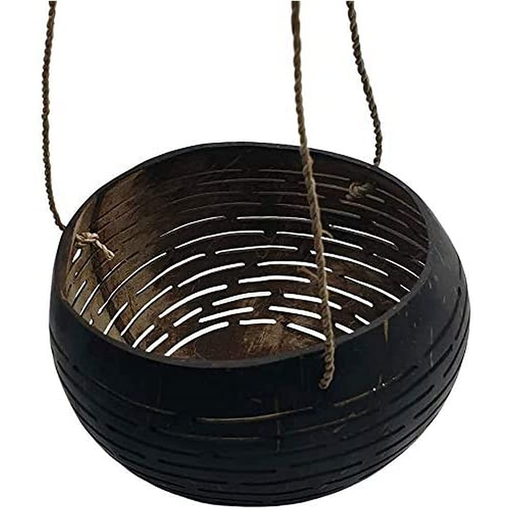 Vie Naturals Bird Feeder, Carved Coconut Shell Bowl, 13-15cm Diametre, Easy to Hang (Carved Coconut Shell Design-1)