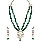 Aheli Wedding Faux Kundan Pendant Beaded Necklace Earrings Set Bollywood Indian Bharatanatyam jewellery set Gift for Women