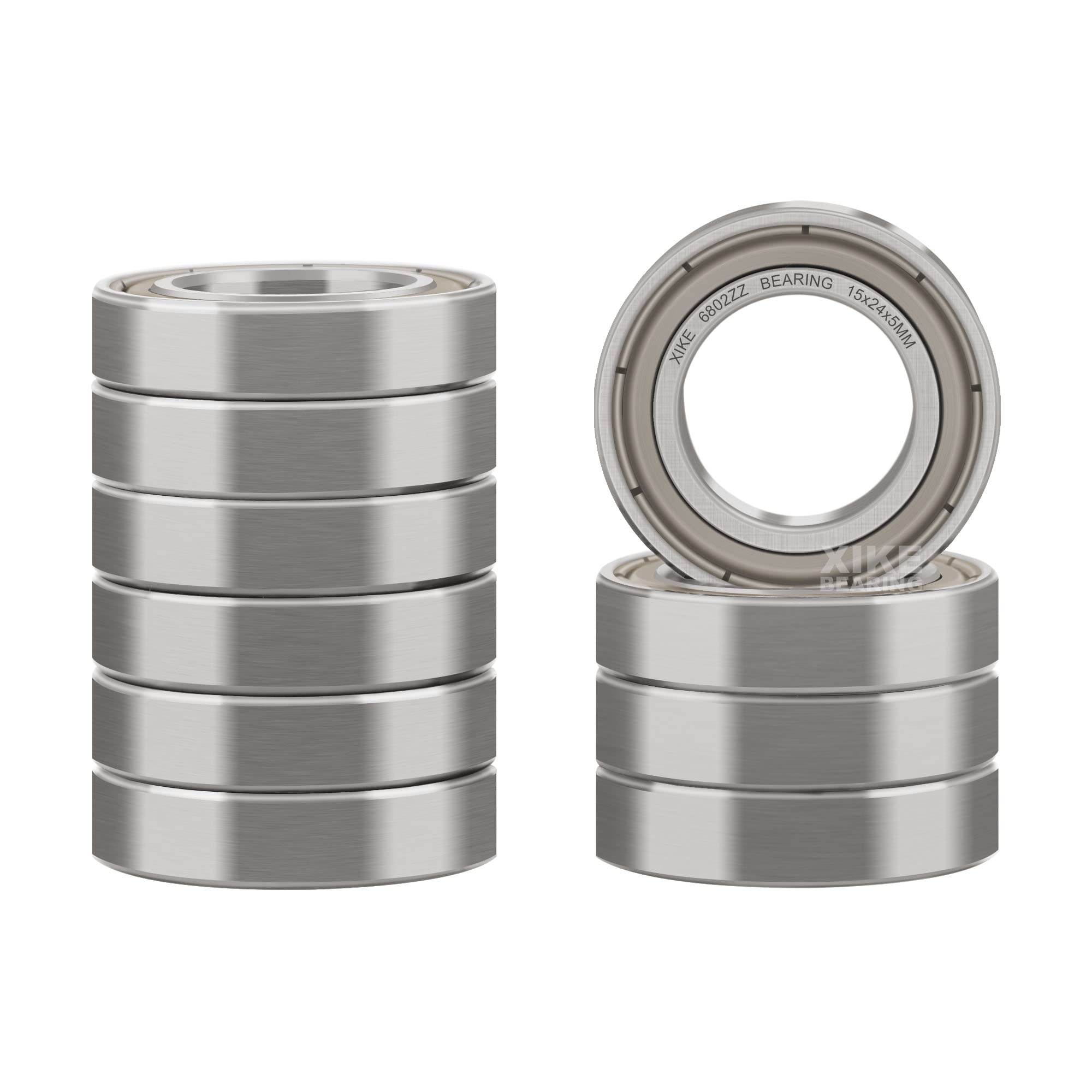 XIKE 6802ZZ Sealed Ball Bearings 15x24x5mm, 6802-2Z Chrome Steel and Metal Double Seals Deep Groove Ball Bearing, Pack of 10.