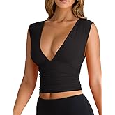 YFANG Women's Sexy Deep V-Neck Ruched Sleeveless Crop Tank Top Stretchy Double Layer Slim Fitted Going Out Crop Top