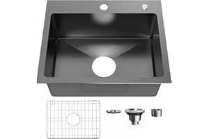 Bathenum 20" x 16" Drop in Kitchen Sink 304 Stainless Steel Single Bowl Topmount Bar Sink with Drain Kit and Bottom Grid, Black