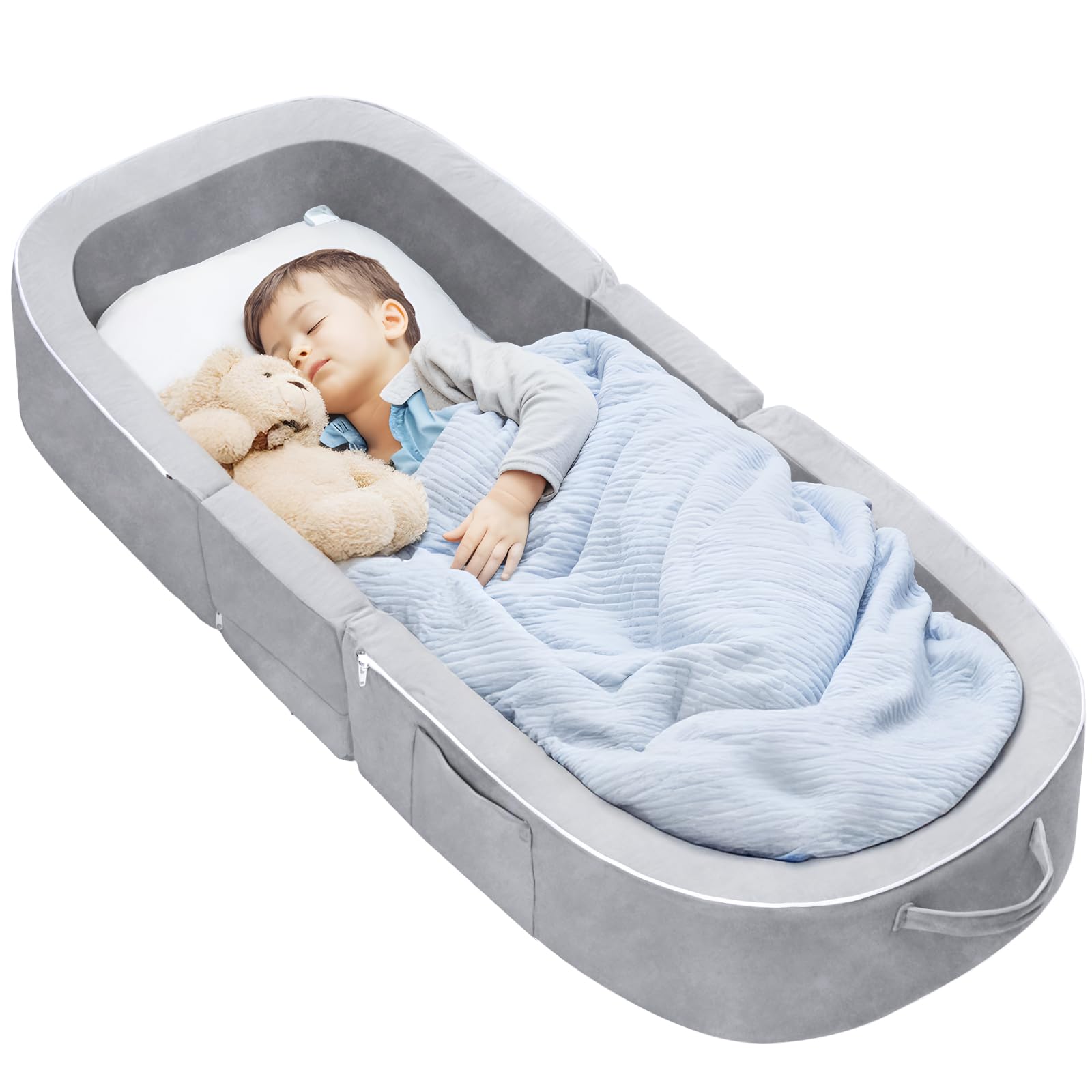 Photo 1 of REAWUL Foldable Toddler Travel Bed, Portable Folding Floor Bed with Washable Cover,Soft and Safe Foam Crib(Silver Gray)