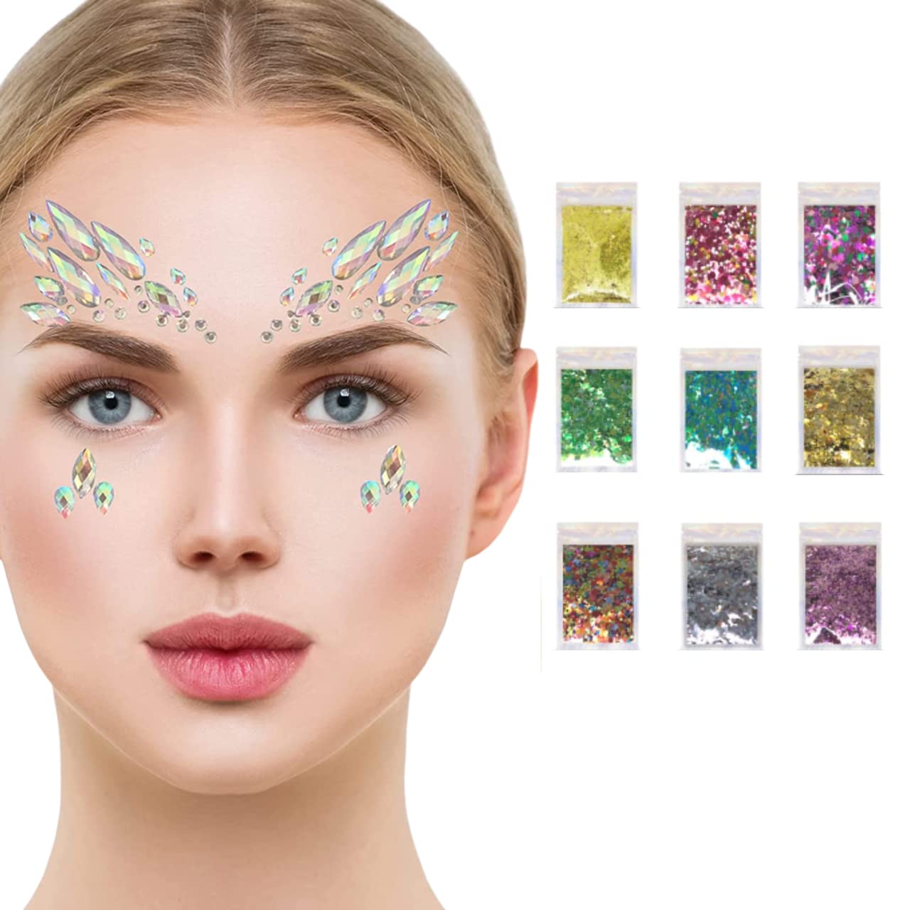 Festival Face Jewels x6 Sets of Face Gems PLUS x9 Sachets of 10g Glitter Pouches for Face & Body