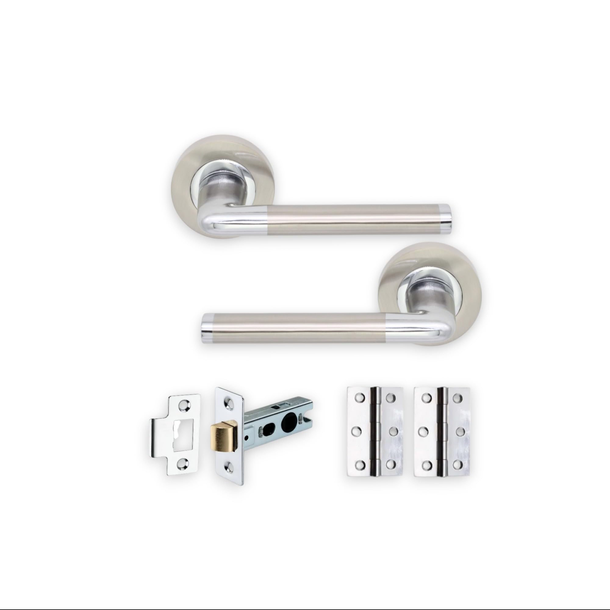 Infinity Decor T Bar Lever Door Handles on Rose Set Dual Tone Finish with Tubular Latch and Hinges Pack - Ideal for Interior & Exterior Doors