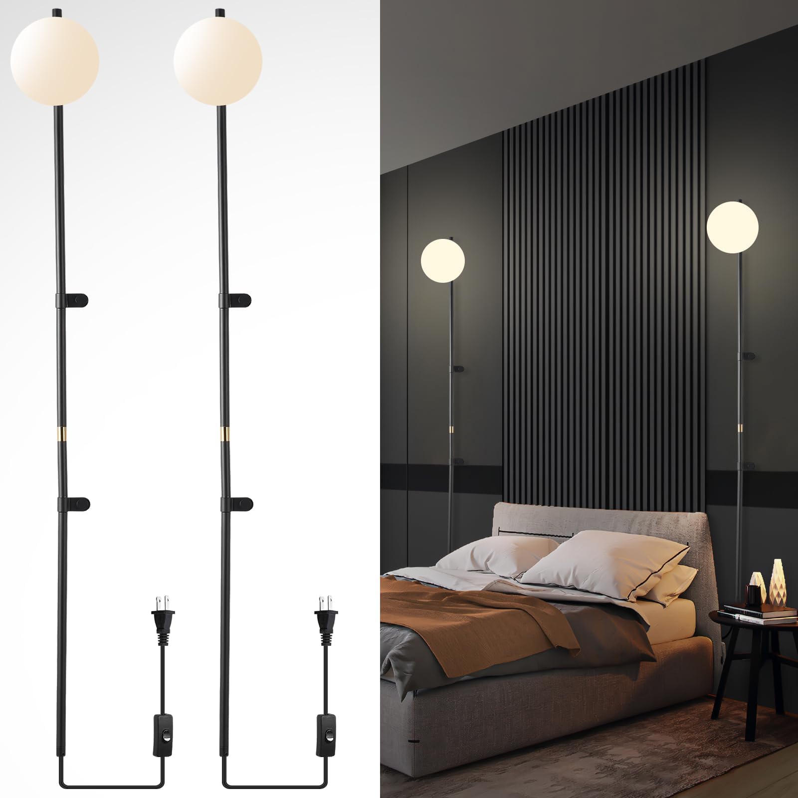 Photo 1 of HOMLUCE Long Wall Sconces Set of Two, Plug in Wall Sconces Globe Shade Indoor Wall Light, Wall Mounted Lamp with Plug in Switch, Wall Lamp for Bedroom Living Room Study Hallway Bedside Corner