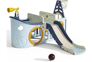 YUYUE 9 in 1 Toddler Slide, Kid Slide for Toddlers Age 3-6,Pirate Ship Toddler Slide with Basketball Hoop,Indoor and Outdoor Baby Climber Playset Playground Freestanding Slide