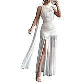 GORGLITTER Women's Ruched Chiffon Maxi Dress Bridesmaid Wedding Guest Dress Backless Slit Shower Prom Cocktail Dresses