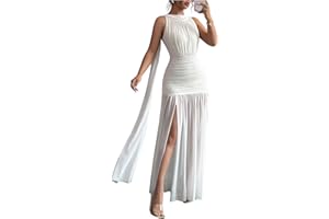 GORGLITTER Women's High Slit Dress Sheer Ruched Tie Backless Party Cocktail Maxi Dresses with Neck Scarf