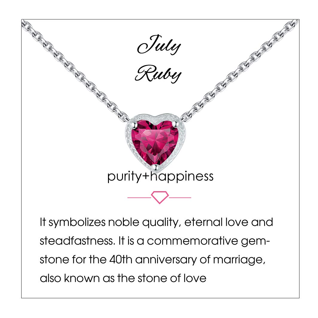 Qings Birthstone Heart Necklaces, 925 Sterling Silver July Birthstone Pendant Necklace, Adjustable Chain Gift Box, 12 Months Jewellery for Women Valentines Gift for Her Wife Girls Birthday Wedding