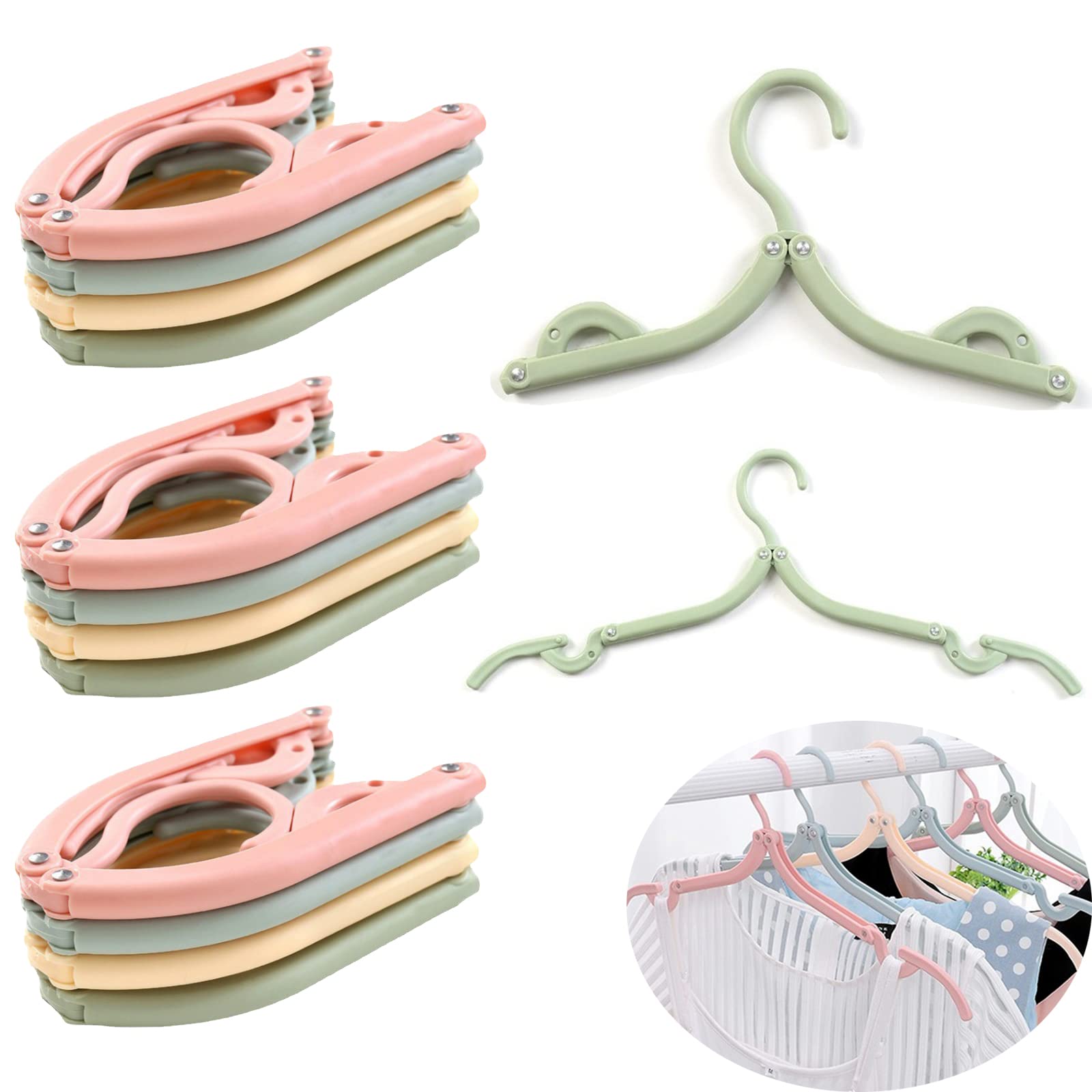 YUTOU Portable Clothes Hangers Plastic Foldable Travel Hangers Clothes Drying Rack Clothes Hanger Hooks for Clothes 4 Colours Foldable Clothes Dryer for Outdoor, Business Trip, Camping Pack of 12