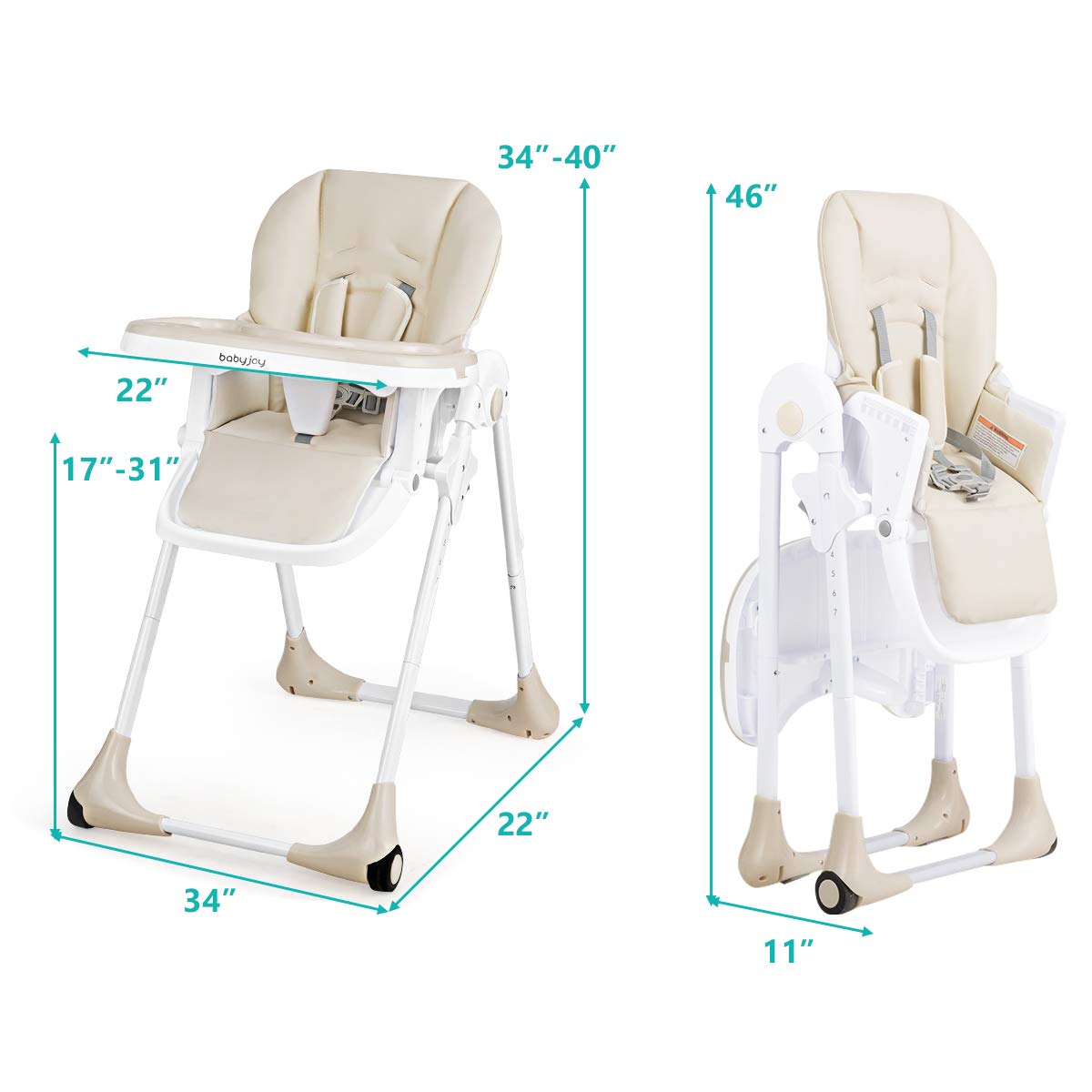 BABY JOY Convertible High Chair for Babies & Toddlers, Height Adjustable, Grow & Go High Chair w/Recline & Footrest, Removable Double Tray, Portable Baby Dinning Chair with Wheels (Beige)