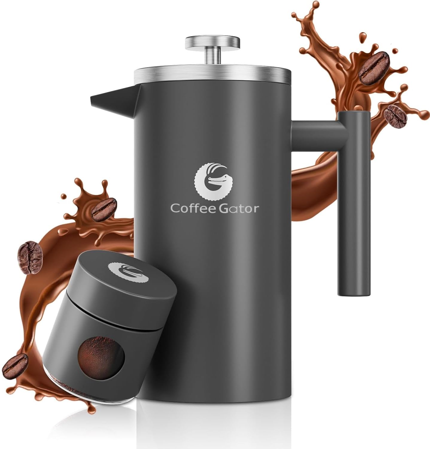 Photo 1 of Coffee Gator French Press Coffee Maker - 34oz Double Insulated Stainless Steel Brewer plus Travel Jar Canister, Portable Hot Cold Brew Teapot Cafetera for Coffee Bar Accessories Kitchen Camping, Gray