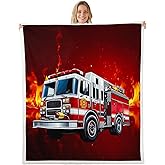 Feelyou Firefighter Truck Sherpa Blanket Firemen Car Vehicle Fleece Throw Blanket for Bed Couch Sofa Children Bedroom Decor Fire Engine Pattern Plush Red Fuzzy Baby 30"x40"