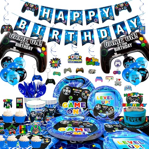 Video Game Birthday Supplies for 16 Guests, 213pcs Games Party Tableware Set - Blue Plates Cups Napkins Tablecloth Balloons Banner Hanging Swirls etc Video Game Party Decorations