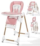 Mallify Foldable High Chairs for Babies and Toddlers, 3-in-1 Convertible Baby High Chair with Removable Soft Cushion and Tray, Adjustable Height & Recline, Lockable Wheels, Pink