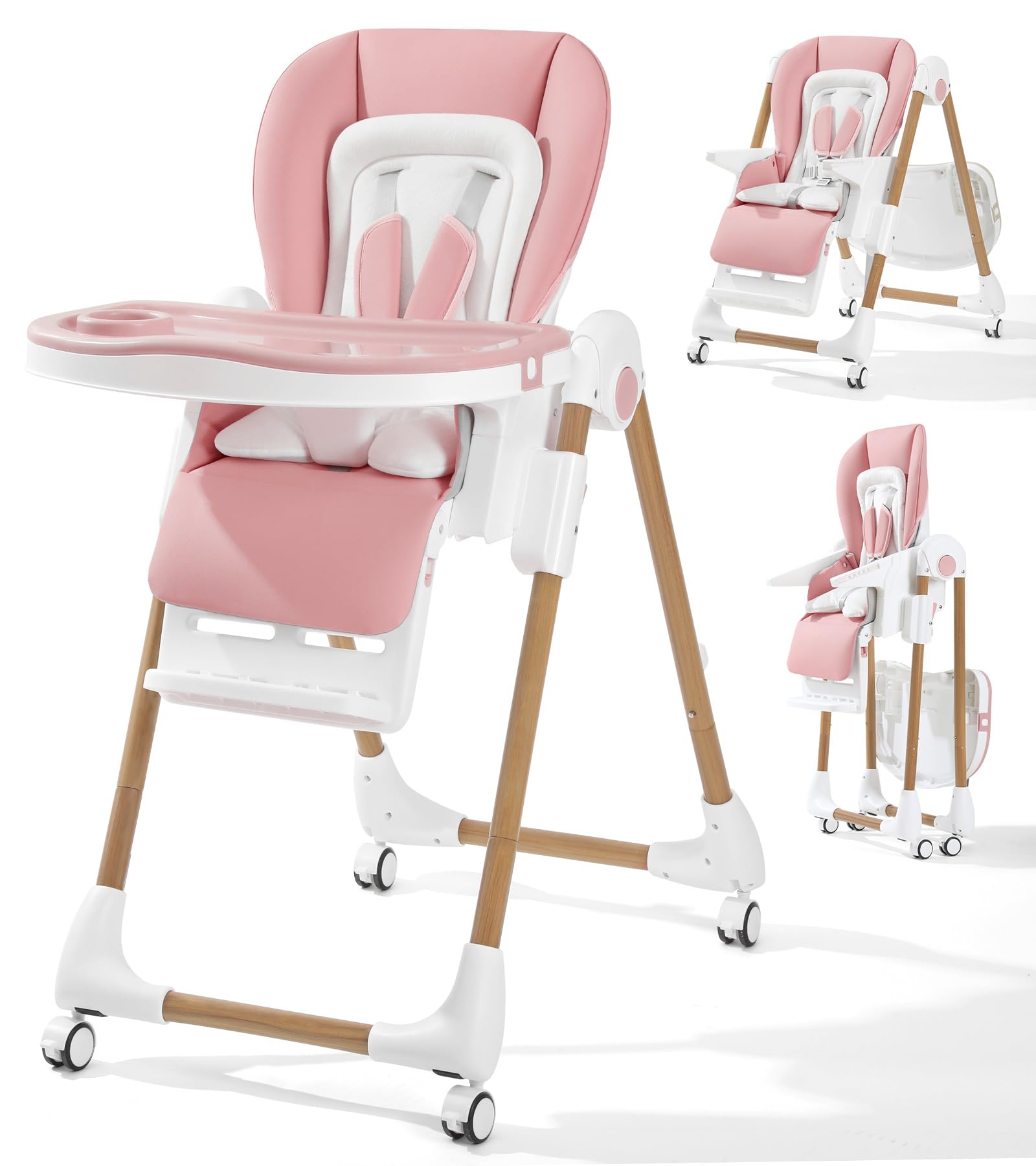 Photo 1 of Mallify Foldable High Chairs for Babies and Toddlers, 3-in-1 Convertible Baby High Chair with Removable Soft Cushion and Tray, Adjustable Height & Recline, Lockable Wheels, Pink