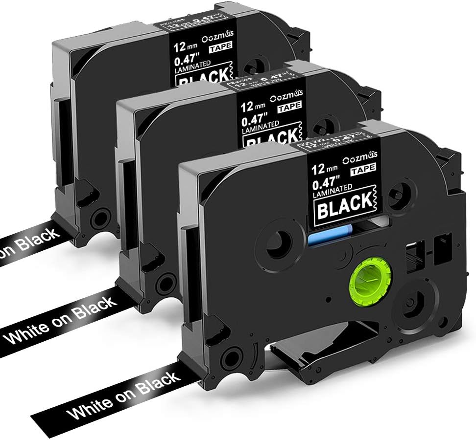 3X Oozmas Compatible with Brother Label Printer Tape Replacement for Ptouch White on Black Tape TZe 12mm 0.47 TZe-335