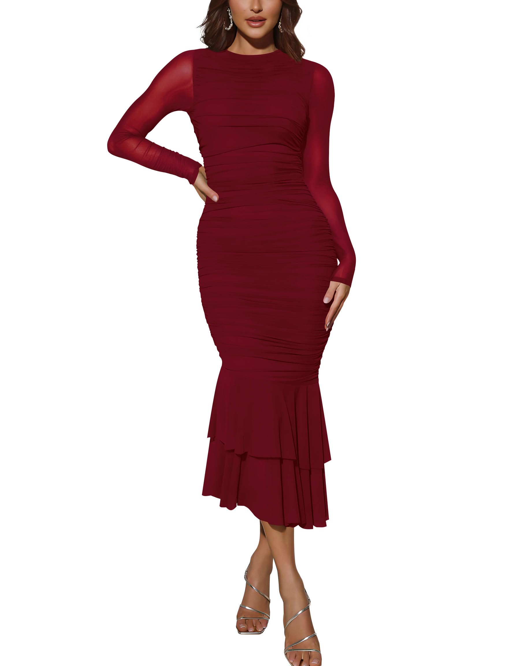 Photo 1 of Atizon Elegant Ruched Bodycon Evening Dresses for Women Cocktail Party Formal Maxi Mermaid Dress Wine Red MEDIUM