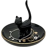 ROSA&amp;ROSE Cat Ring Holder Trinket Tray Ceramic Jewelry Dish Porcelain Ring Organizer&ndash;Gift for Women,Girlfriend,Wife,Birthday or Anniversary (Black)