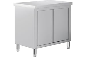 90 cm × 61 cm × 85 cm Stainless Steel Work Table with Cabinet, Stainless Steel Table Cabinet with Sliding Doors for Prep Work
