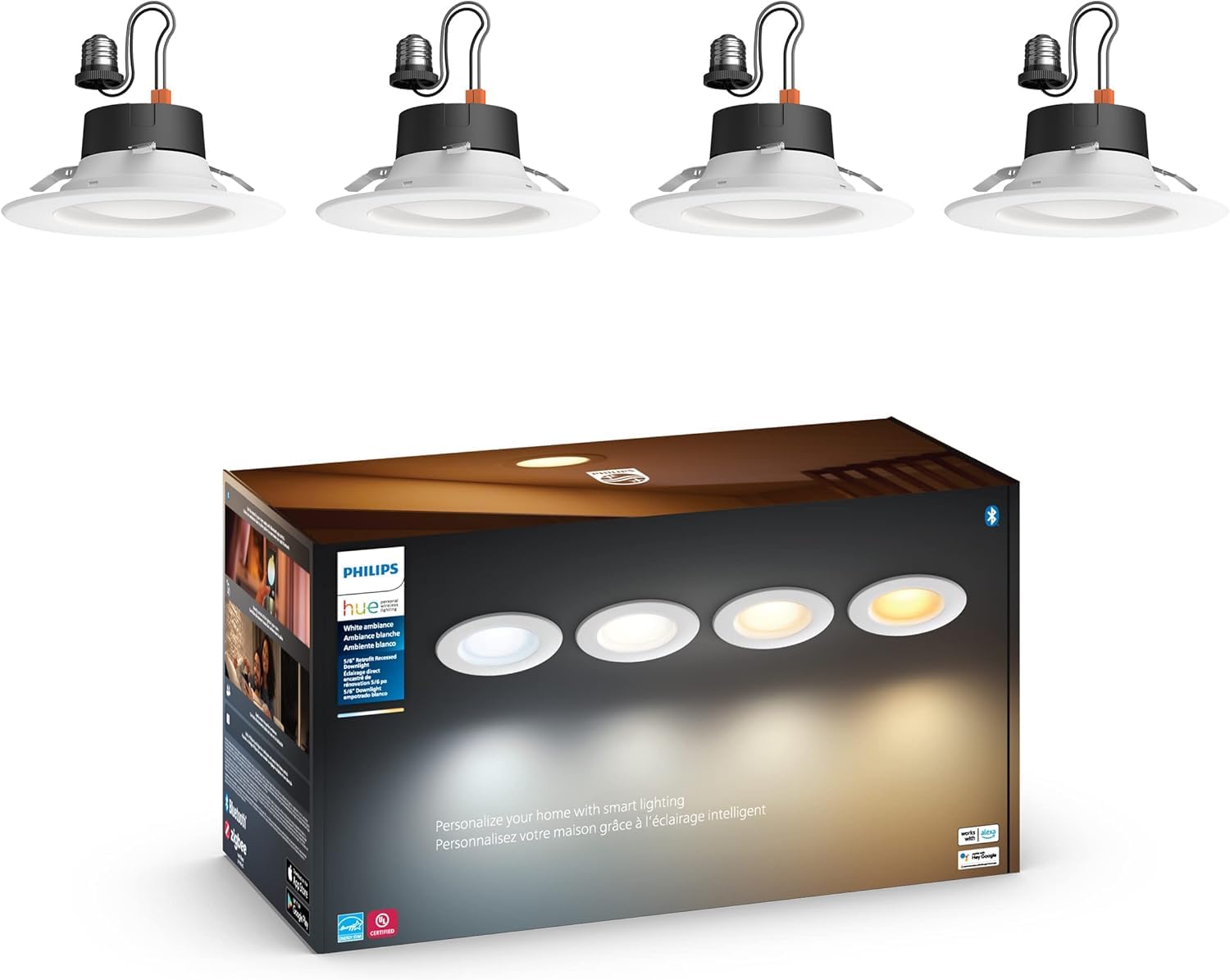 Philips Hue Smart Recessed 5/6 Inch LED Downlight – White Ambiance Warm-to-Cool White Light – 4 Pack – 1100LM – Indoor – Control with Hue App – Works with Alexa, Google Assistant and Apple Homekit