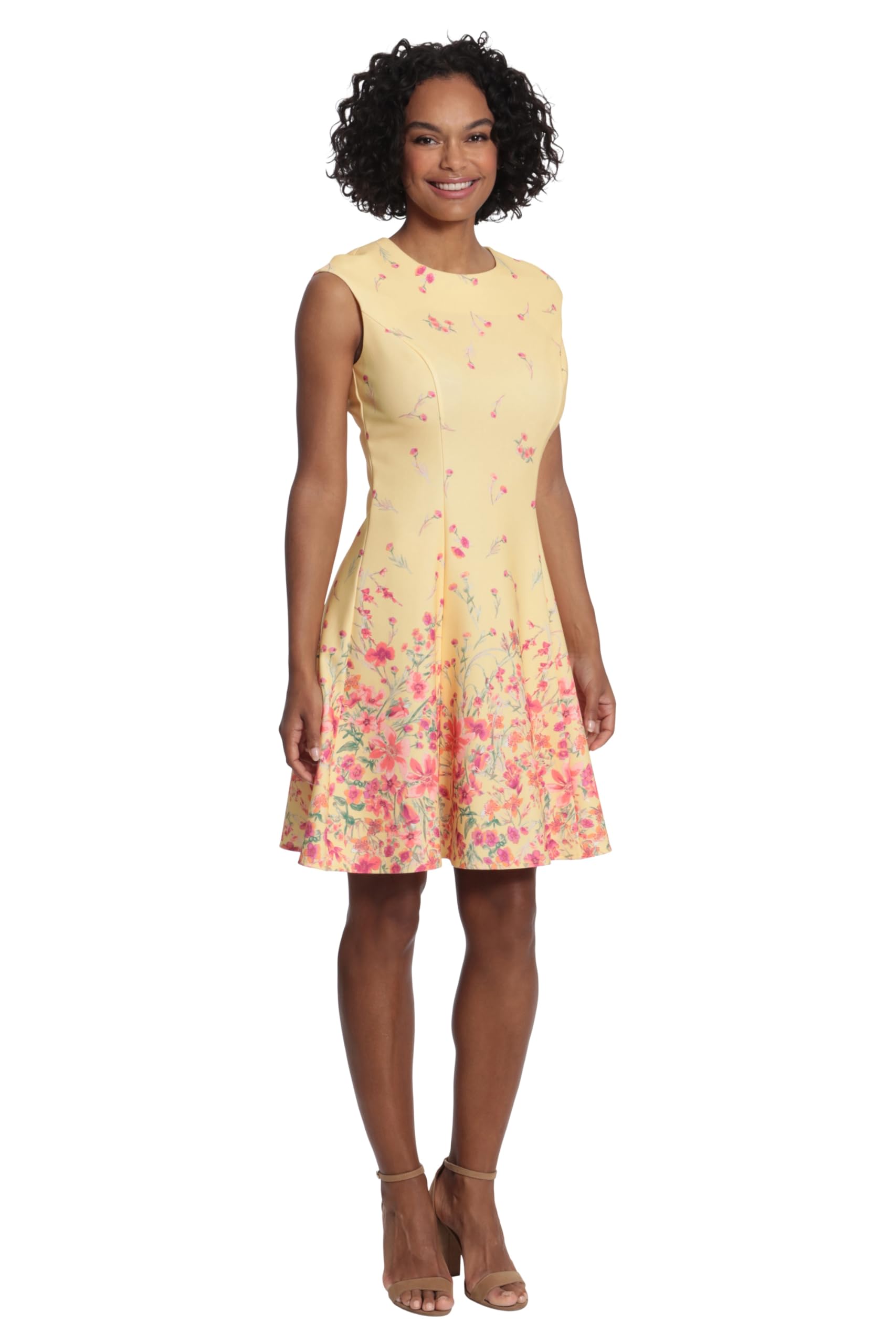 London Times Women’s Dresses Floral Border Cap Sleeve Fit & Flare Dress