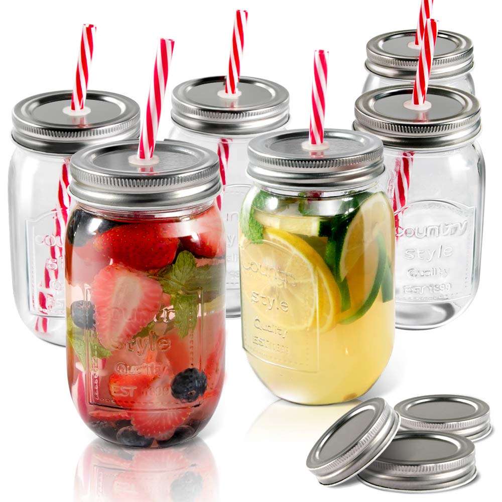 Mason Jars 6 PCS 16.9 oz Glass Jars with Lids & Straws Send 3 Non-Pores Covers Kitchen Glass Jars Mugs Masthome
