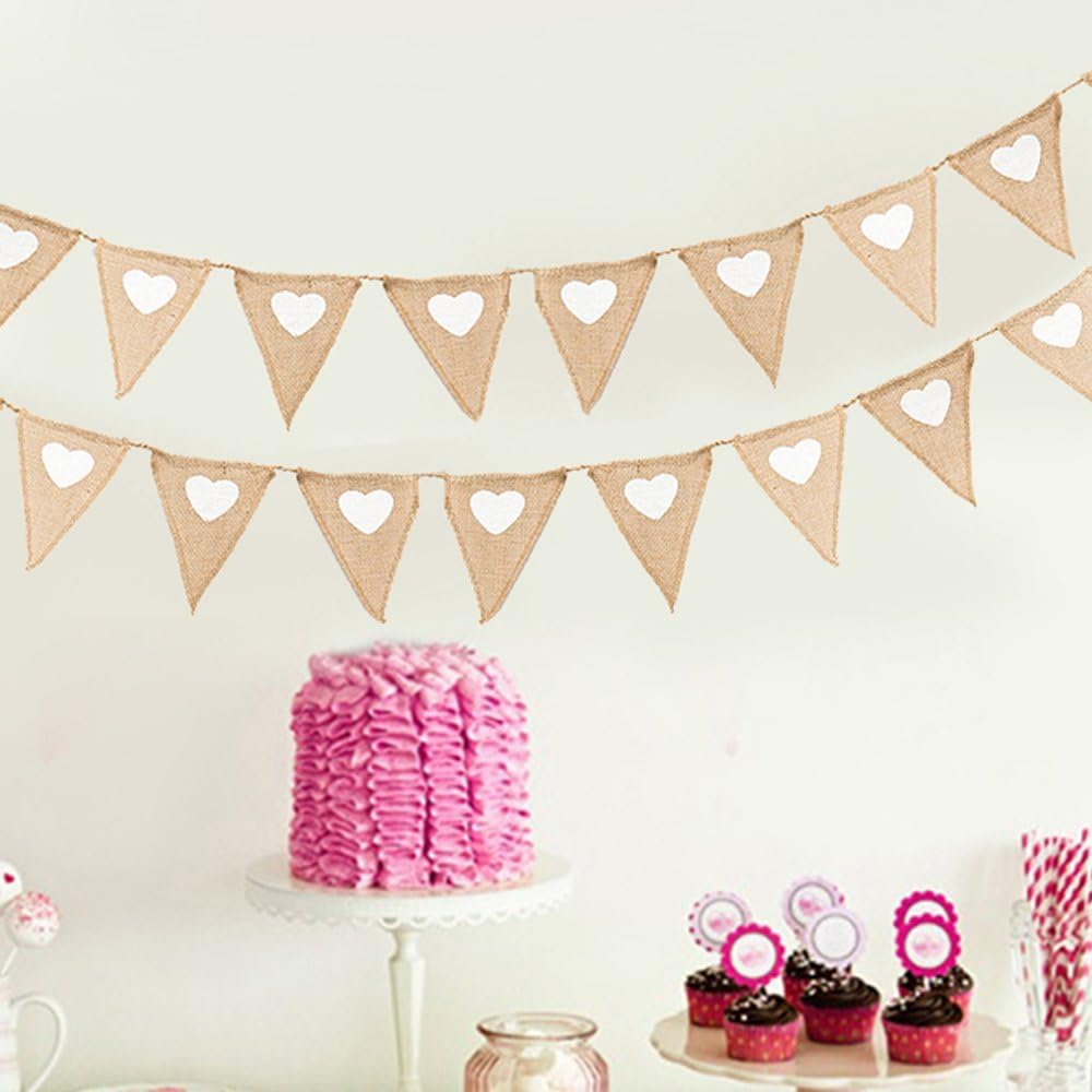 JTWEB 3M Vintage Hessian Bunting Burlap Banner White Love Heart for Wedding Party Birthday Decor (Hessian) - Image 4