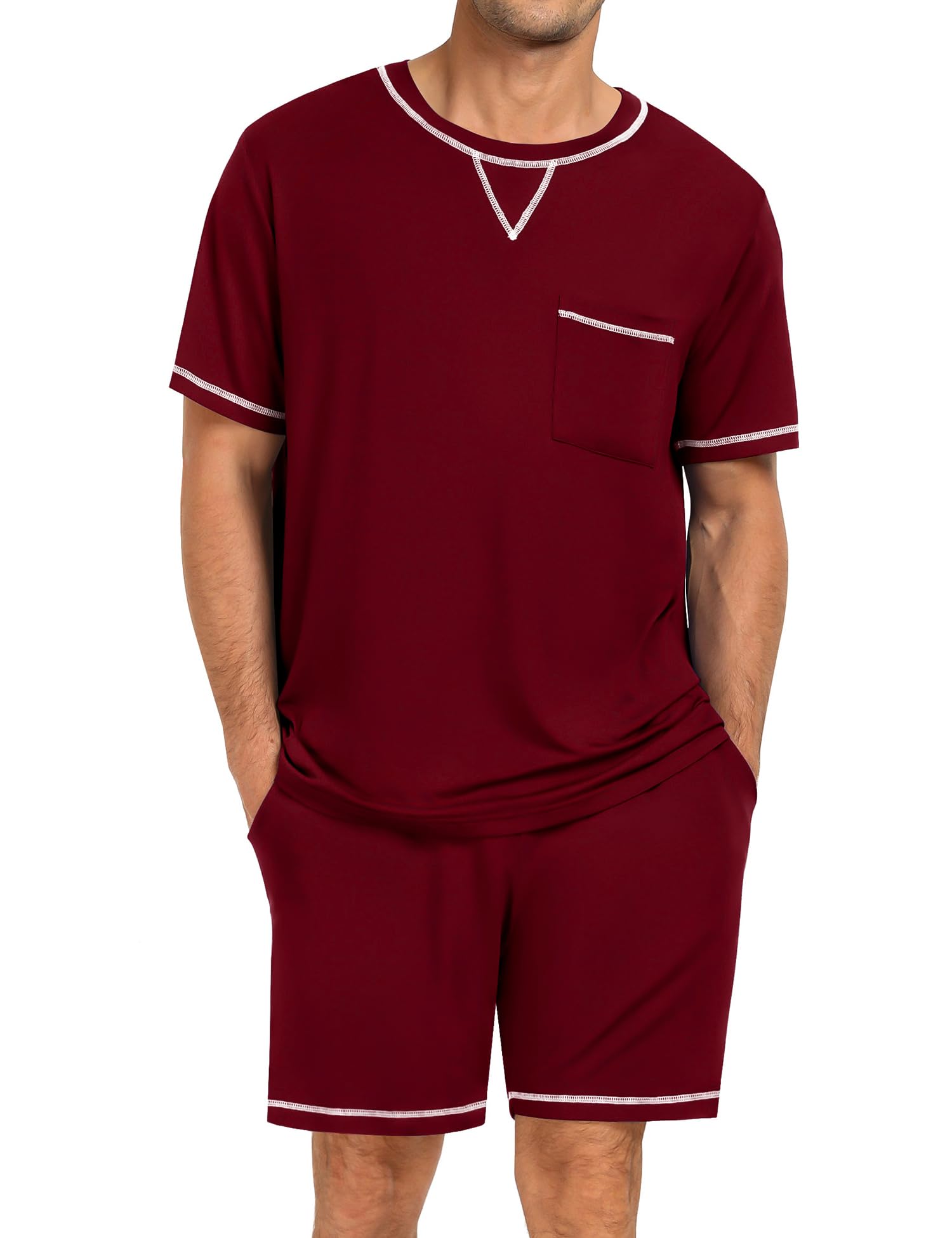 Photo 1 of SWOMOG Men Modal Pajamas Set Comfy Sleepwear Short Sleeve Pjs Set Soft 2 Piece Lounge Set Cozy Nightwear with Pockets Deep Wine Red Large