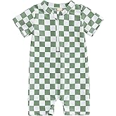 KtwHarnu Toddler Baby Boy Girl Swimsuit Checkered One Piece Swimwear Short Sleeve Zipper Rash Guard Beach Bathing Suit