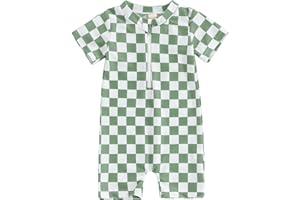 Canrulo Toddler Baby Boy Girl Swimsuit Checkerboard Zipper Swimwear One Piece Rash Guard Short Sleeve Beach Bathing Suit