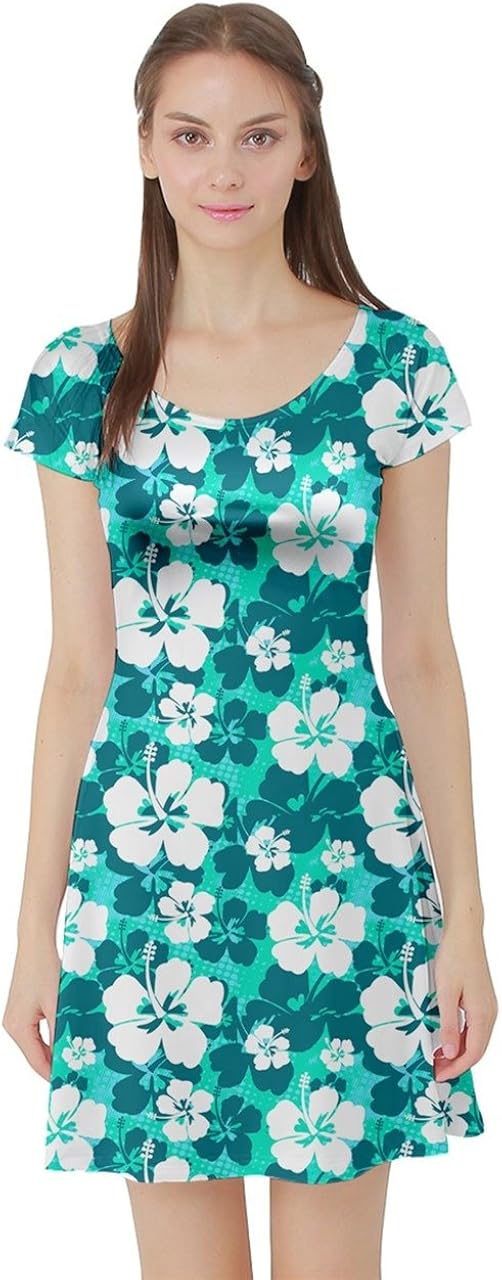 CowCow Womens Hibiscus Hawaii Flowers Floral Summer Tropic Tropical Leafs Plumeria Short Sleeve Dress, XS-5XL