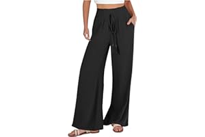 LEHOZIHEQ Women's Cotton Linen Palazzo Pants Summer Solid Trousers Elastic High Waist Wide Leg Pants with Pockets