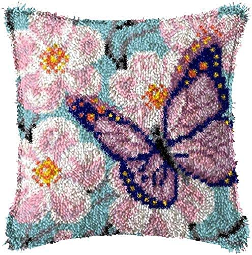 UHK Latch Hook Cushion Kits, 3D DIY Pillow Materials Package Latch Hook Embroidery Kits 43x43cm fit for Adults Beginner Home Sofa Furniture Decor (Flower B)