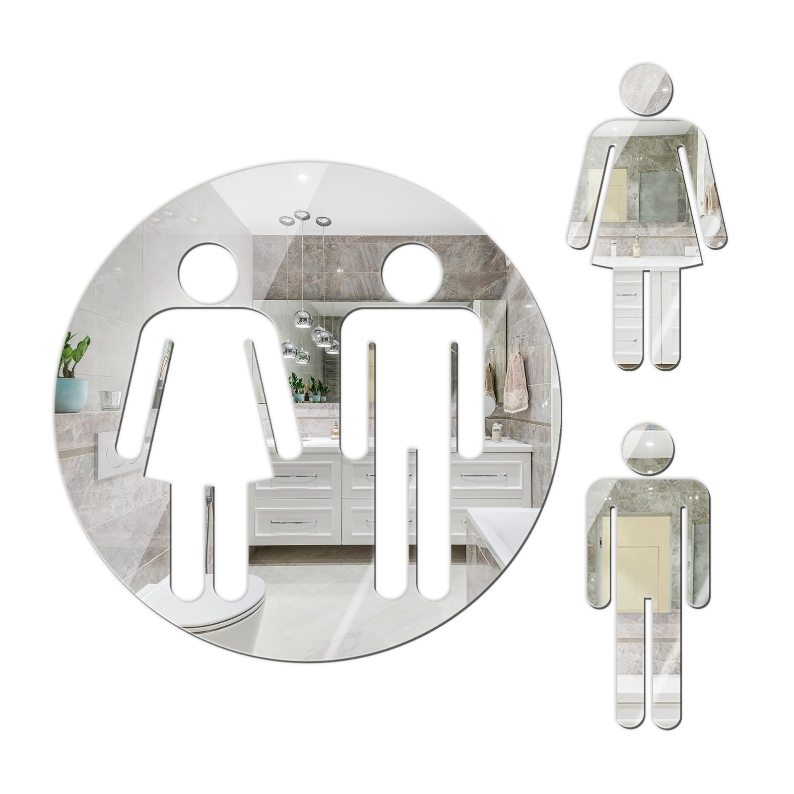 Desuibao All Gender Restroom Sign Peel and Stick, Acrylic Mirror Sticker Gender Neutral Bathroom Signs Wall Decor Decal, Vinyl Unisex Bathroom Door Sign, Men and Women Toilet Sign for Home, Silver