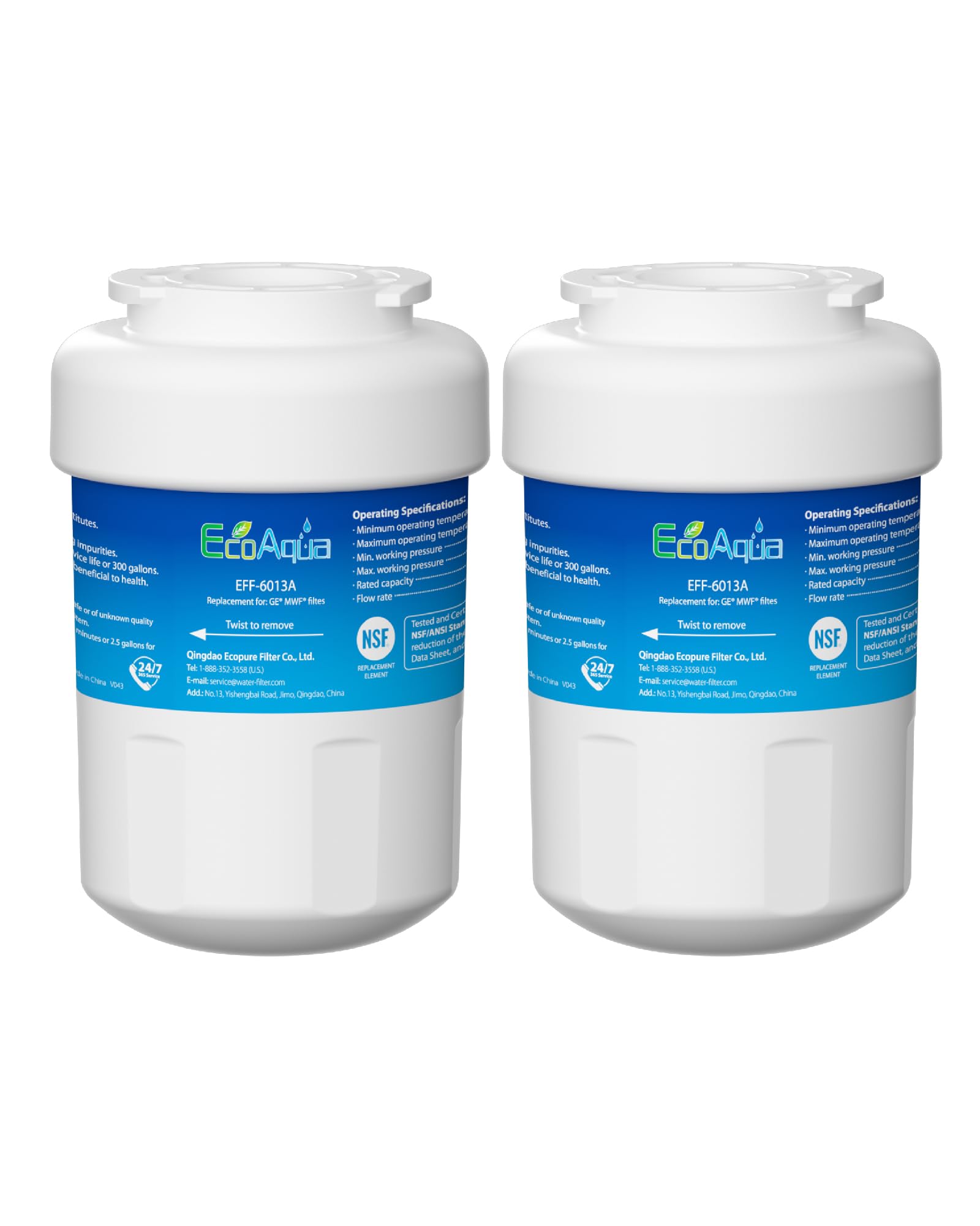 EcoAqua EFF-6013A Fridge Water Filter Compatible with GE SmartWater MWF, MWFA, MWFA, MWFAP, MWFDS, MWF-INT, MWFP, 101057A, 1013000110, 101300A, 197D6321P001, GWF, GWF01, GWF06, GWFA, GWFDS, AP3859302, AP3967843, WR02X11020, WR02X11020, WR02X11287, WR02X11287, WR02X11290, WR02X11290, WR02X12345, WR02X12801, WR17S12, WR2M3552, WR2M3552, WR97X10006, Hotpoint HWF, HWFA, (2)