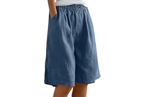 EOPUING Womens Wide Leg Cotton Linen Shorts Comfy Bermuda Shorts Summer Casual Short Pants Loose Knee Length Shorts
