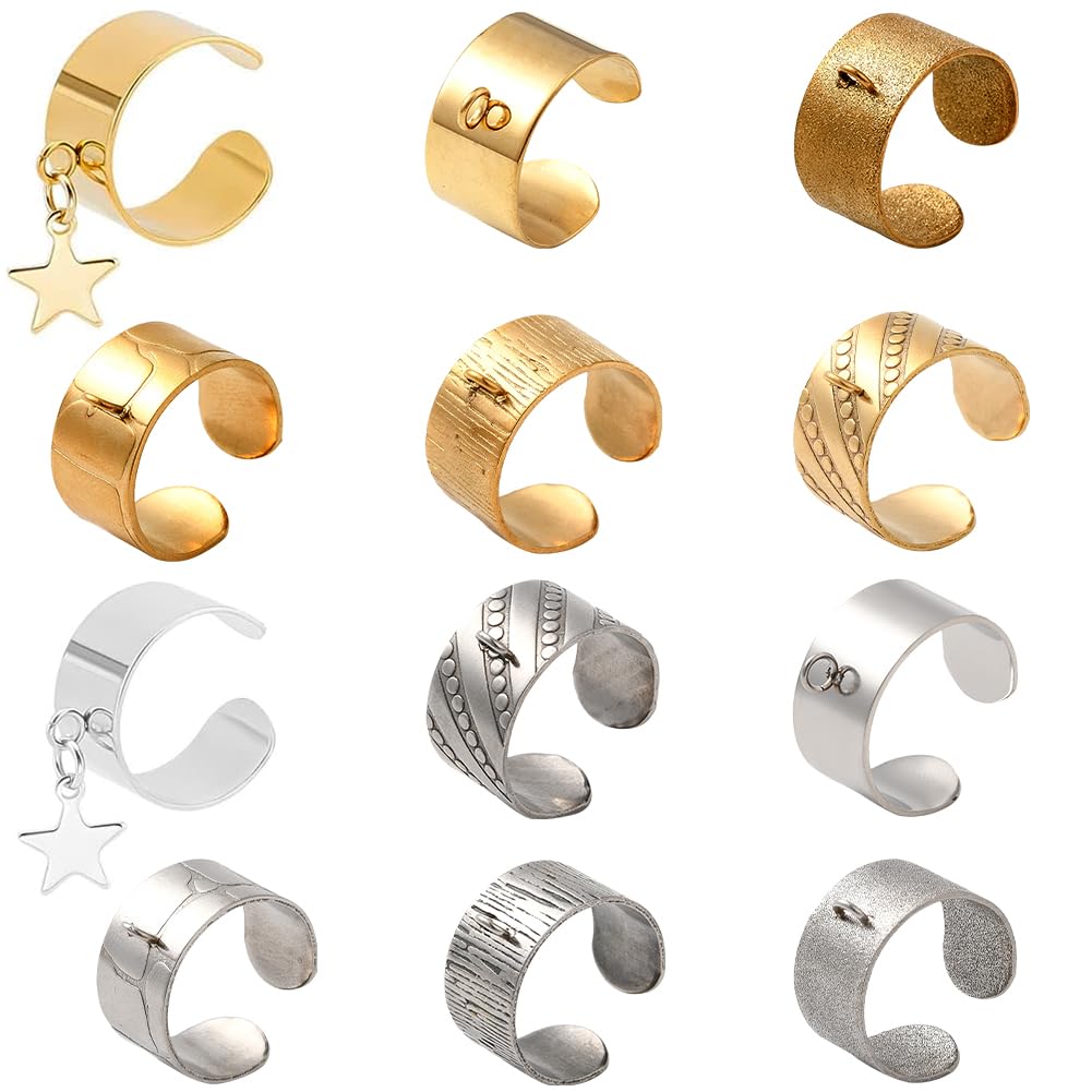 SUNNYCLUE 1 Box 10 Styles Stainless Steel Ring Blanks Adjustable Rings Metal Silver Gold Finger Carving Blanks Punk Charms Ring Bulk for jewellery Findings Ring Making Kit Diy Beginners Crafts Supplie