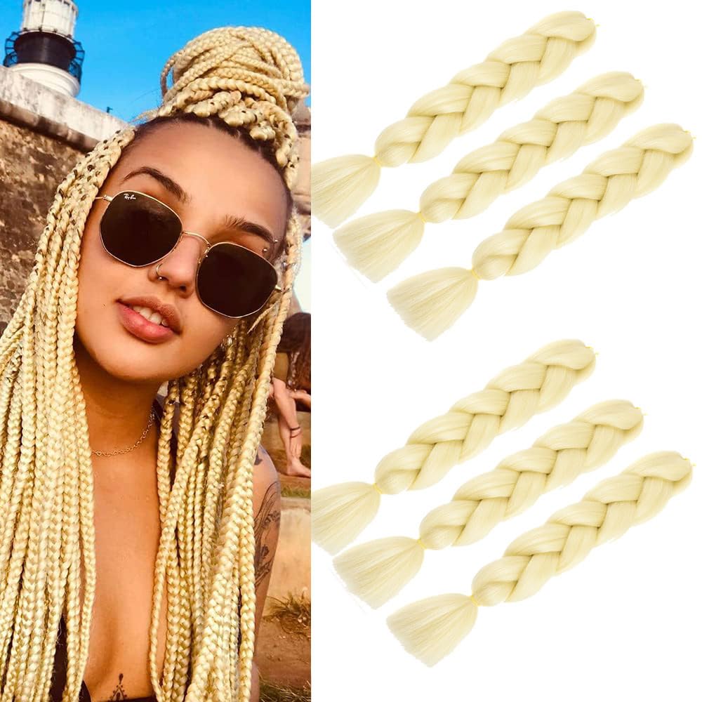 Blond Braiding Hair Extensions for Women 6 Packs 100g/Pack 24Inch High Temperature Ombre Jumbo Synthetic Braiding Hair for Twist Crochet (blonde)