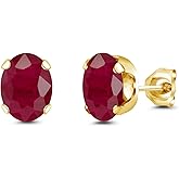 Gem Stone King 18K Yellow Gold Plated Silver Red Ruby Stud Earrings for Women Men | 3.20 Cttw | Gemstone July Birthstone | Oval 8X6MM