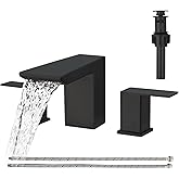 BESy Matte Black Bathroom Faucet 3 Holes Two Handles Vanity Widespread 8 Inch Bathroom Sink Faucet, Waterfall Bathroom Sink Faucet with cUPC Supply Hoses, Pop Up Drain, Stainless Steel