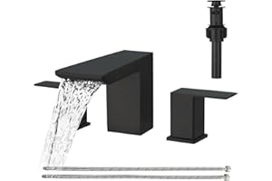 BESy Matte Black Bathroom Faucet 3 Holes Two Handles Vanity Widespread 8 Inch Bathroom Sink Faucet, Waterfall Bathroom Sink Faucet with cUPC Supply Hoses, Pop Up Drain, Stainless Steel