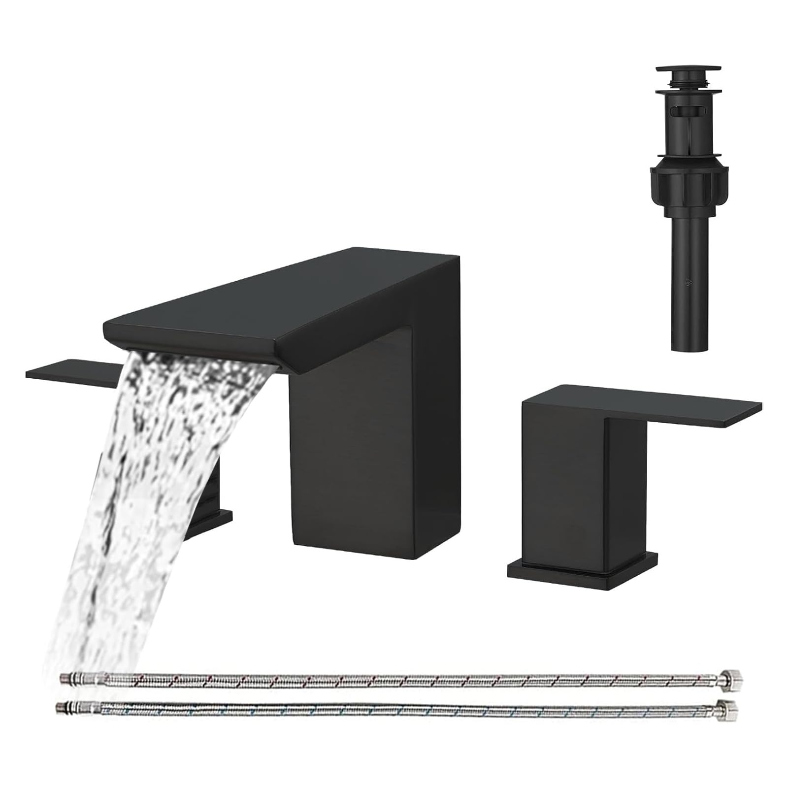 Photo 1 of BESy Matte Black Bathroom Faucet 3 Holes Two Handles Vanity Widespread 8 Inch Bathroom Sink Faucet, Waterfall Bathroom Sink Faucet with cUPC Supply Hoses, Pop Up Drain, Stainless Steel