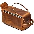 The Tannery Vintage Crazy Horse Full Grain Leather Toiletry Dopp Kit Bag Travel Make up Cosmetic Bag Big Leather Toiletry Bag for Unisex (Yellow Brown)