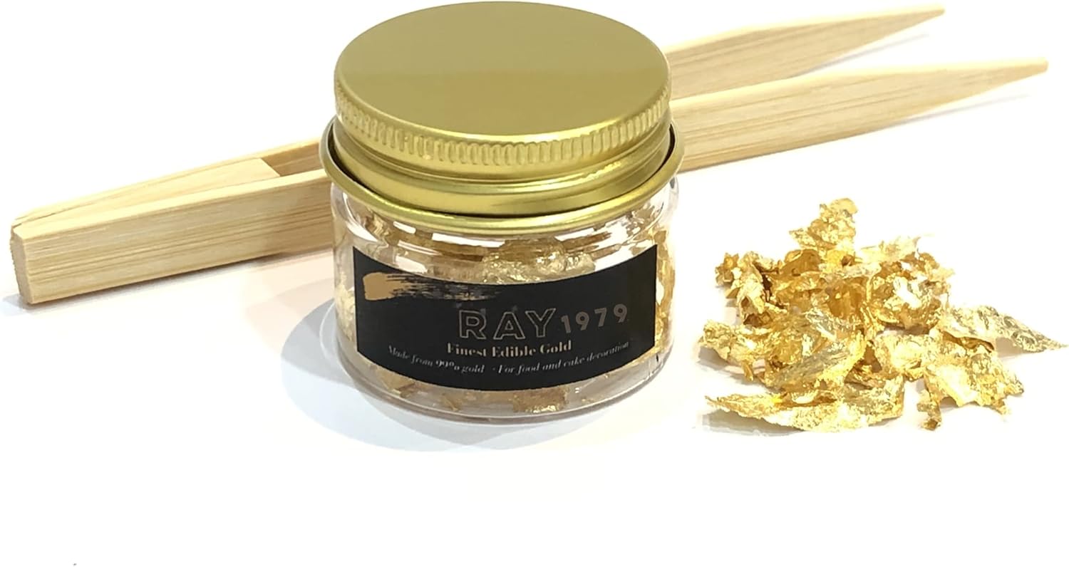 Edible Gold Leaf Flakes 30mg Jar Free Bamboo Tweezer, 24k Gold Leaf Foil for Food, Cake Decoration, Spa, Skin Care, Craft