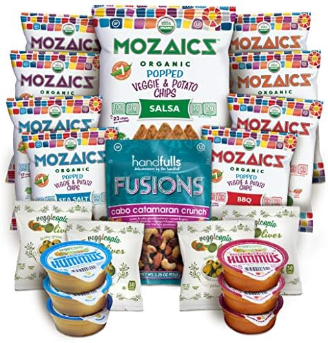 Best Sellers Snacks Premium Care Package - Great College Gift or Sampler, Healthy Variety Pack Single Servings - Mozaics Chips, Veggicopia Dips & Olives, Handfulls Fusions Nut Mix (20 Count)